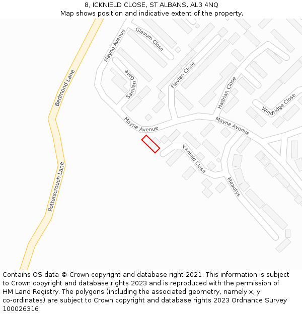 8, ICKNIELD CLOSE, ST ALBANS, AL3 4NQ: Location map and indicative extent of plot