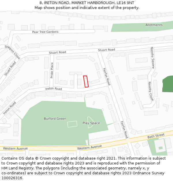 8, IRETON ROAD, MARKET HARBOROUGH, LE16 9NT: Location map and indicative extent of plot