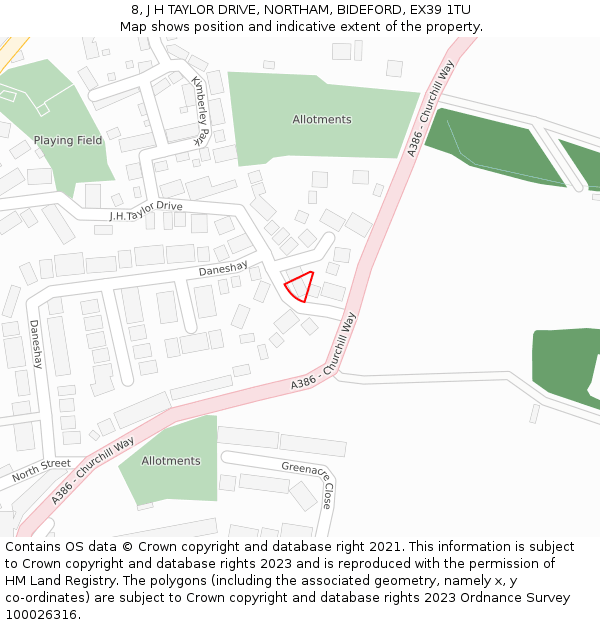 8, J H TAYLOR DRIVE, NORTHAM, BIDEFORD, EX39 1TU: Location map and indicative extent of plot