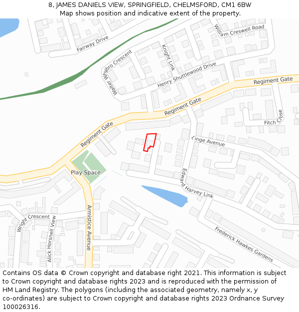 8, JAMES DANIELS VIEW, SPRINGFIELD, CHELMSFORD, CM1 6BW: Location map and indicative extent of plot