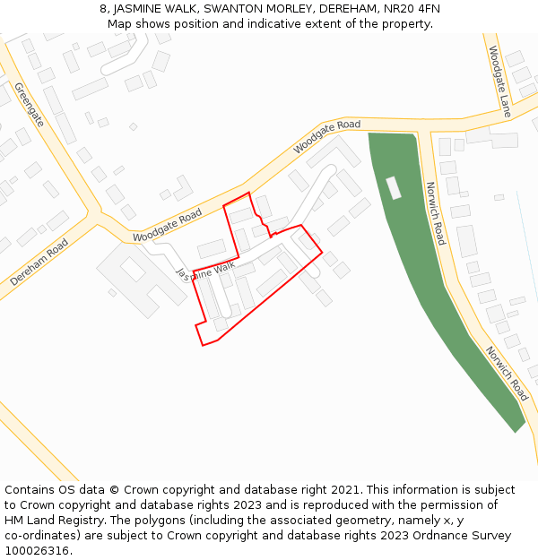 8, JASMINE WALK, SWANTON MORLEY, DEREHAM, NR20 4FN: Location map and indicative extent of plot