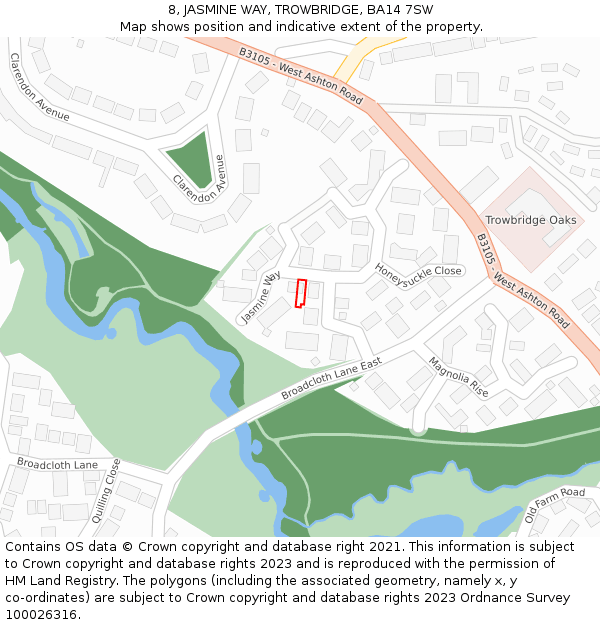 8, JASMINE WAY, TROWBRIDGE, BA14 7SW: Location map and indicative extent of plot