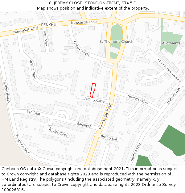 8, JEREMY CLOSE, STOKE-ON-TRENT, ST4 5JD: Location map and indicative extent of plot