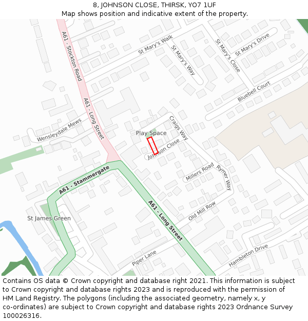8, JOHNSON CLOSE, THIRSK, YO7 1UF: Location map and indicative extent of plot