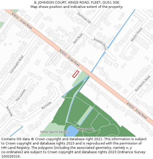 8, JOHNSON COURT, KINGS ROAD, FLEET, GU51 3GE: Location map and indicative extent of plot