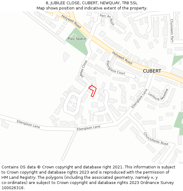 8, JUBILEE CLOSE, CUBERT, NEWQUAY, TR8 5SL: Location map and indicative extent of plot