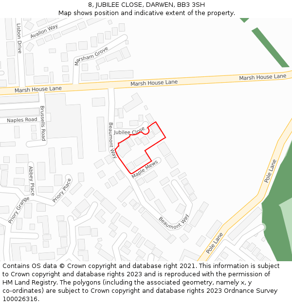 8, JUBILEE CLOSE, DARWEN, BB3 3SH: Location map and indicative extent of plot