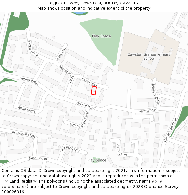 8, JUDITH WAY, CAWSTON, RUGBY, CV22 7FY: Location map and indicative extent of plot