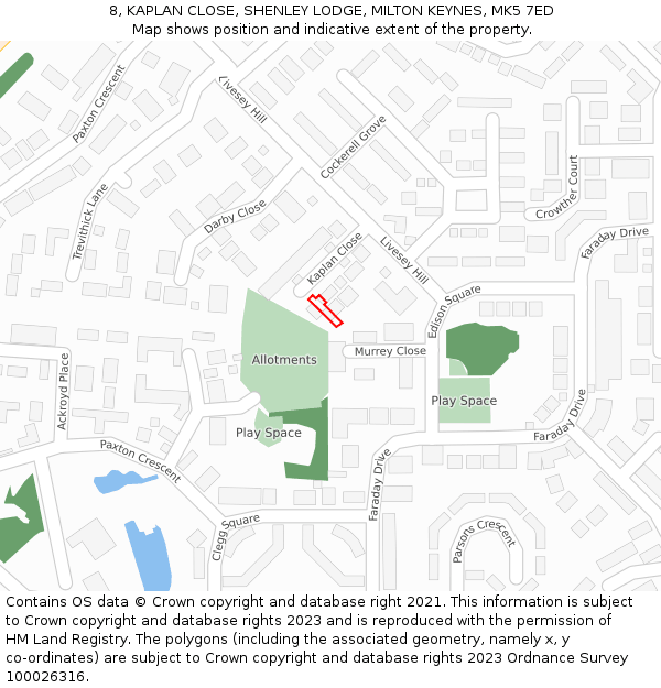 8, KAPLAN CLOSE, SHENLEY LODGE, MILTON KEYNES, MK5 7ED: Location map and indicative extent of plot