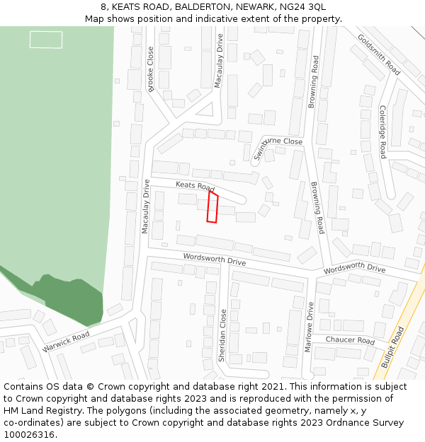 8, KEATS ROAD, BALDERTON, NEWARK, NG24 3QL: Location map and indicative extent of plot