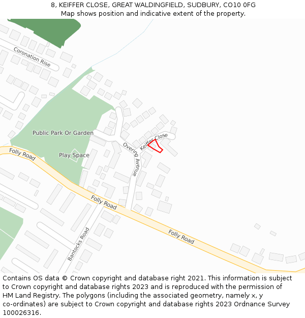 8, KEIFFER CLOSE, GREAT WALDINGFIELD, SUDBURY, CO10 0FG: Location map and indicative extent of plot