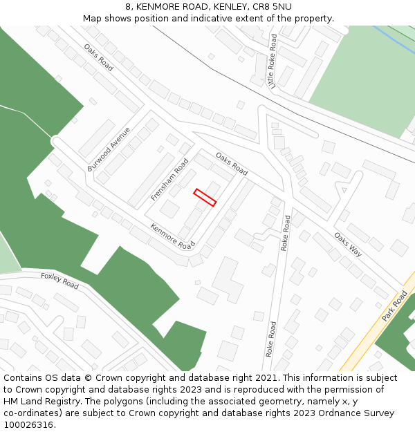 8, KENMORE ROAD, KENLEY, CR8 5NU: Location map and indicative extent of plot