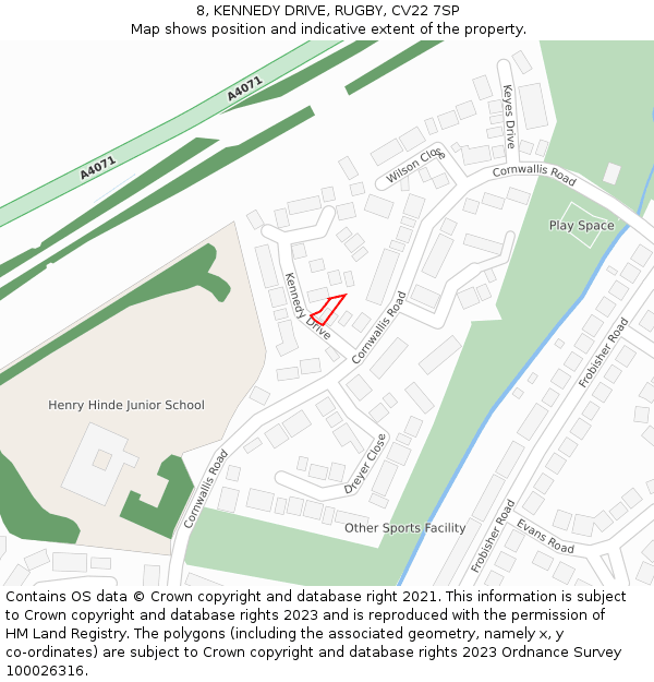 8, KENNEDY DRIVE, RUGBY, CV22 7SP: Location map and indicative extent of plot