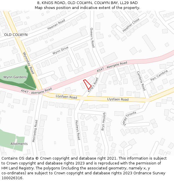 8, KINGS ROAD, OLD COLWYN, COLWYN BAY, LL29 9AD: Location map and indicative extent of plot