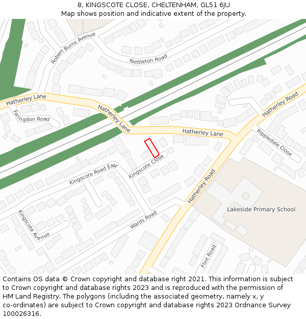 8, KINGSCOTE CLOSE, CHELTENHAM, GL51 6JU: Location map and indicative extent of plot