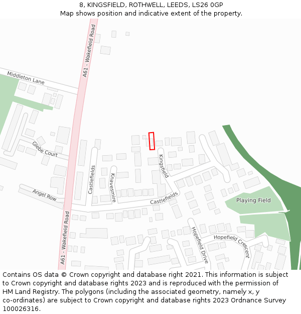 8, KINGSFIELD, ROTHWELL, LEEDS, LS26 0GP: Location map and indicative extent of plot