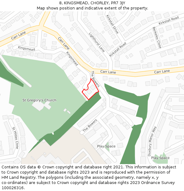 8, KINGSMEAD, CHORLEY, PR7 3JY: Location map and indicative extent of plot