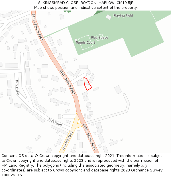 8, KINGSMEAD CLOSE, ROYDON, HARLOW, CM19 5JE: Location map and indicative extent of plot