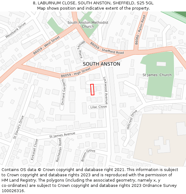 8, LABURNUM CLOSE, SOUTH ANSTON, SHEFFIELD, S25 5GL: Location map and indicative extent of plot