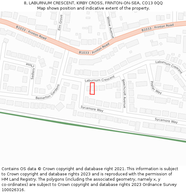 8, LABURNUM CRESCENT, KIRBY CROSS, FRINTON-ON-SEA, CO13 0QQ: Location map and indicative extent of plot