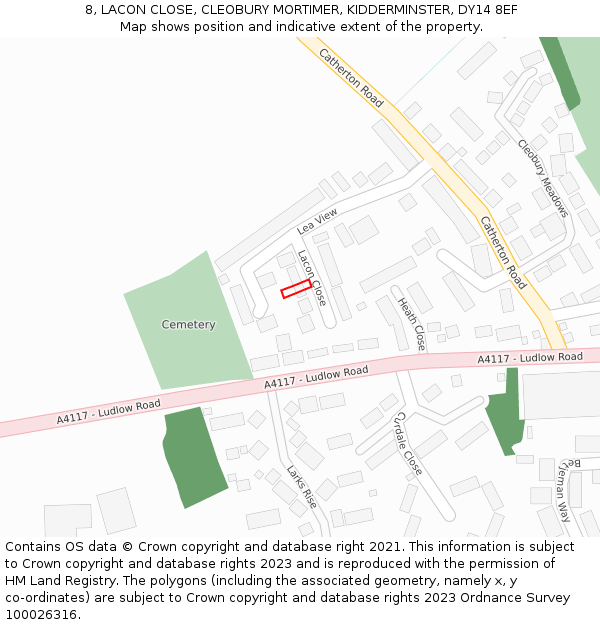 8, LACON CLOSE, CLEOBURY MORTIMER, KIDDERMINSTER, DY14 8EF: Location map and indicative extent of plot