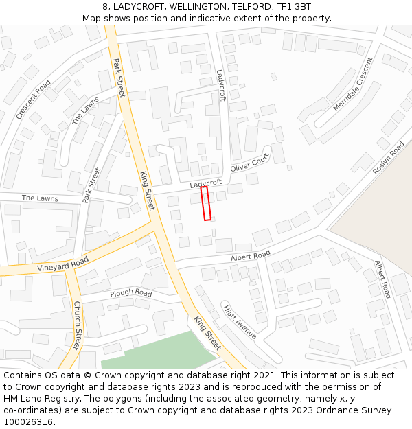 8, LADYCROFT, WELLINGTON, TELFORD, TF1 3BT: Location map and indicative extent of plot