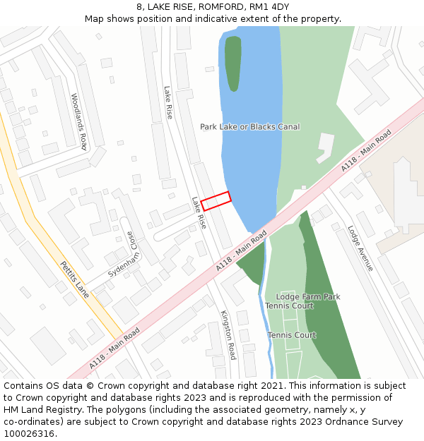 8, LAKE RISE, ROMFORD, RM1 4DY: Location map and indicative extent of plot