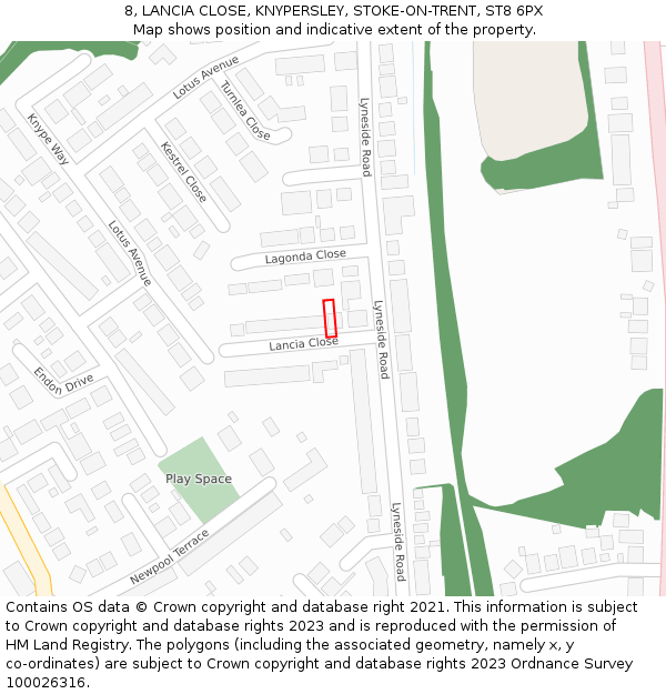 8, LANCIA CLOSE, KNYPERSLEY, STOKE-ON-TRENT, ST8 6PX: Location map and indicative extent of plot