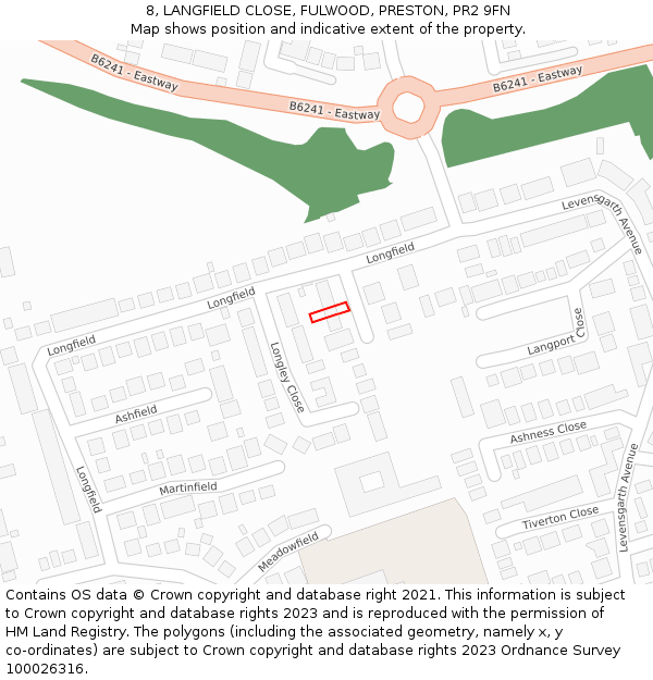 8, LANGFIELD CLOSE, FULWOOD, PRESTON, PR2 9FN: Location map and indicative extent of plot