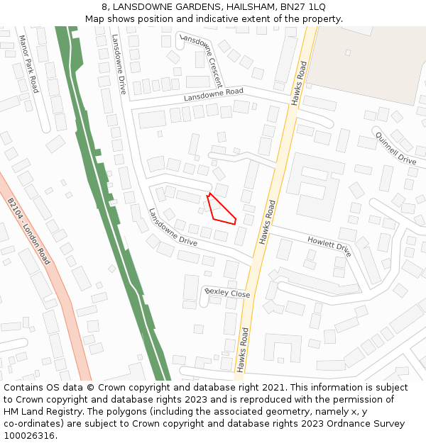 8, LANSDOWNE GARDENS, HAILSHAM, BN27 1LQ: Location map and indicative extent of plot