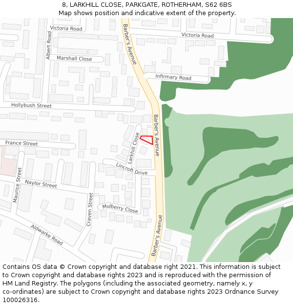 8, LARKHILL CLOSE, PARKGATE, ROTHERHAM, S62 6BS: Location map and indicative extent of plot