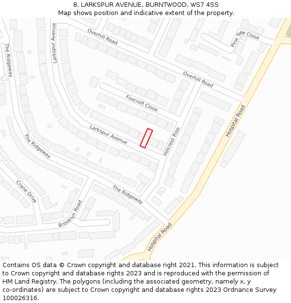 8, LARKSPUR AVENUE, BURNTWOOD, WS7 4SS: Location map and indicative extent of plot