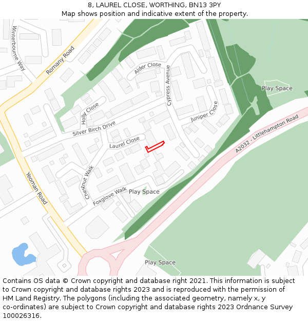8, LAUREL CLOSE, WORTHING, BN13 3PY: Location map and indicative extent of plot