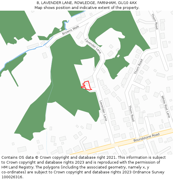 8, LAVENDER LANE, ROWLEDGE, FARNHAM, GU10 4AX: Location map and indicative extent of plot