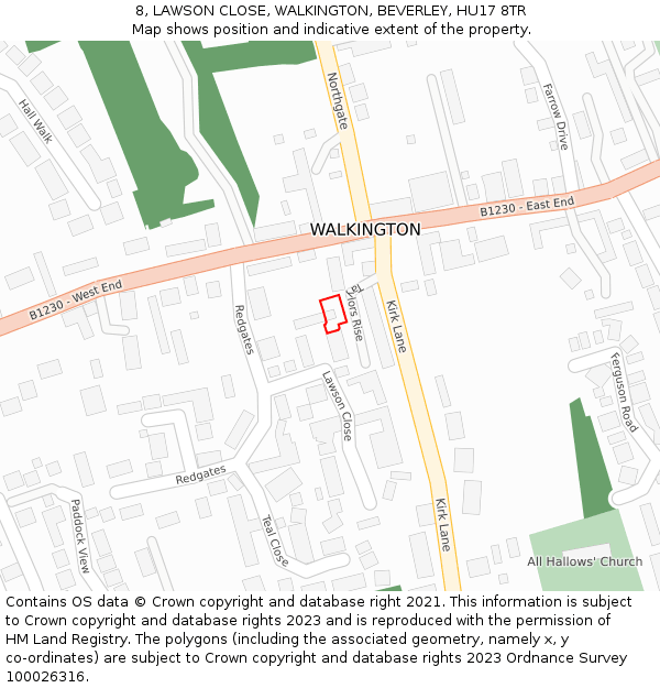 8, LAWSON CLOSE, WALKINGTON, BEVERLEY, HU17 8TR: Location map and indicative extent of plot