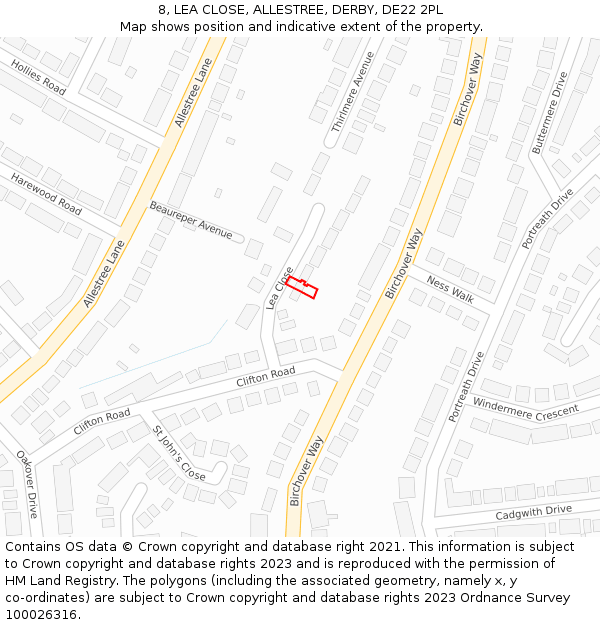 8, LEA CLOSE, ALLESTREE, DERBY, DE22 2PL: Location map and indicative extent of plot