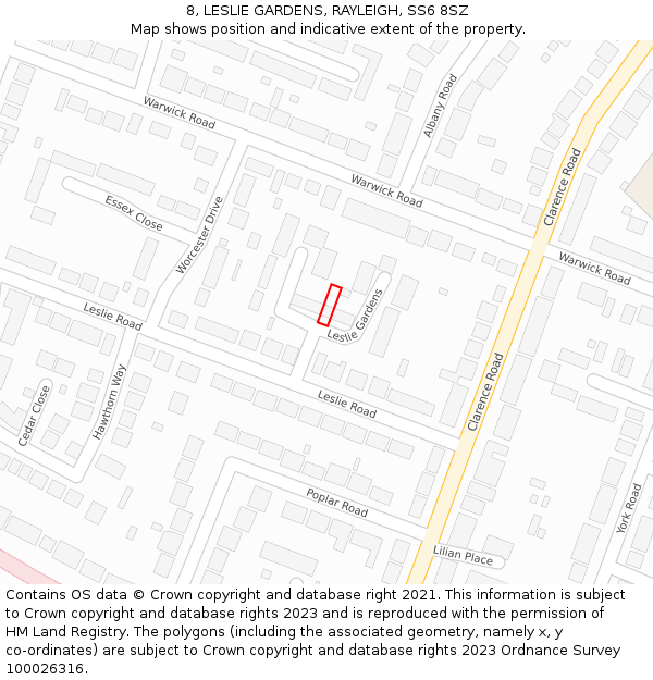 8, LESLIE GARDENS, RAYLEIGH, SS6 8SZ: Location map and indicative extent of plot