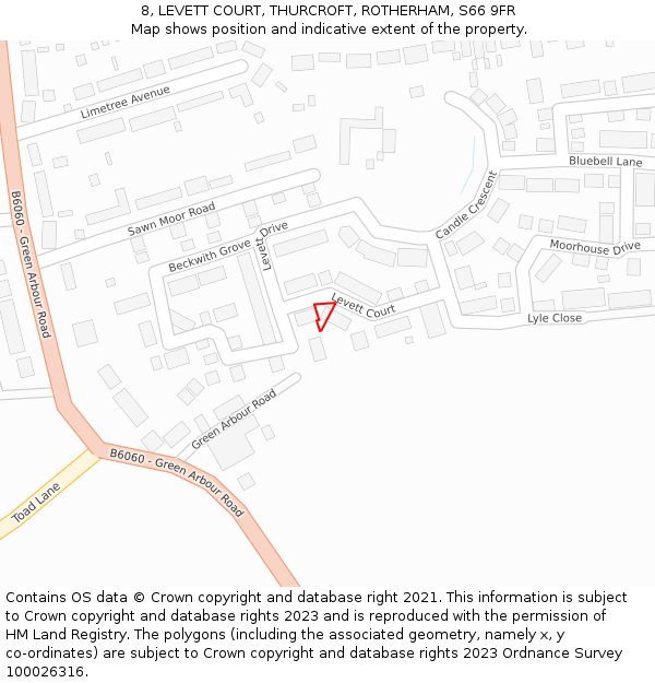 8, LEVETT COURT, THURCROFT, ROTHERHAM, S66 9FR: Location map and indicative extent of plot