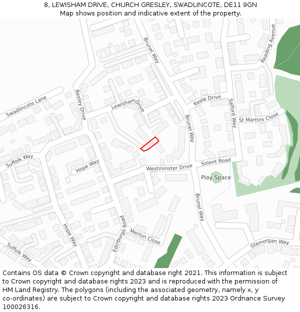 8, LEWISHAM DRIVE, CHURCH GRESLEY, SWADLINCOTE, DE11 9GN: Location map and indicative extent of plot