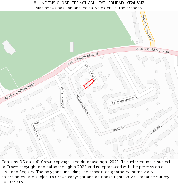 8, LINDENS CLOSE, EFFINGHAM, LEATHERHEAD, KT24 5NZ: Location map and indicative extent of plot