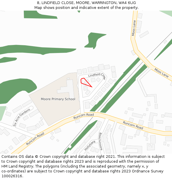 8, LINDFIELD CLOSE, MOORE, WARRINGTON, WA4 6UG: Location map and indicative extent of plot