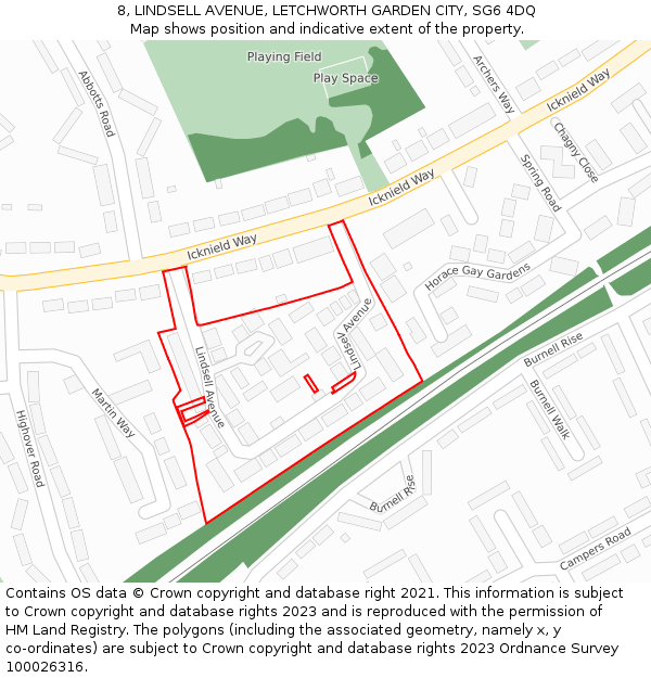 8, LINDSELL AVENUE, LETCHWORTH GARDEN CITY, SG6 4DQ: Location map and indicative extent of plot