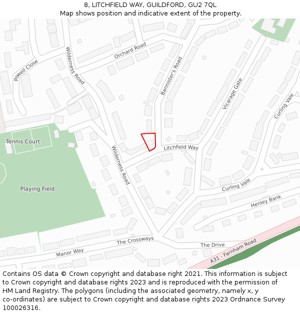 8, LITCHFIELD WAY, GUILDFORD, GU2 7QL: Location map and indicative extent of plot