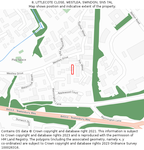 8, LITTLECOTE CLOSE, WESTLEA, SWINDON, SN5 7AL: Location map and indicative extent of plot