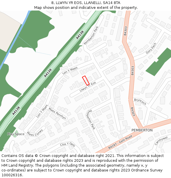 8, LLWYN YR EOS, LLANELLI, SA14 8TA: Location map and indicative extent of plot