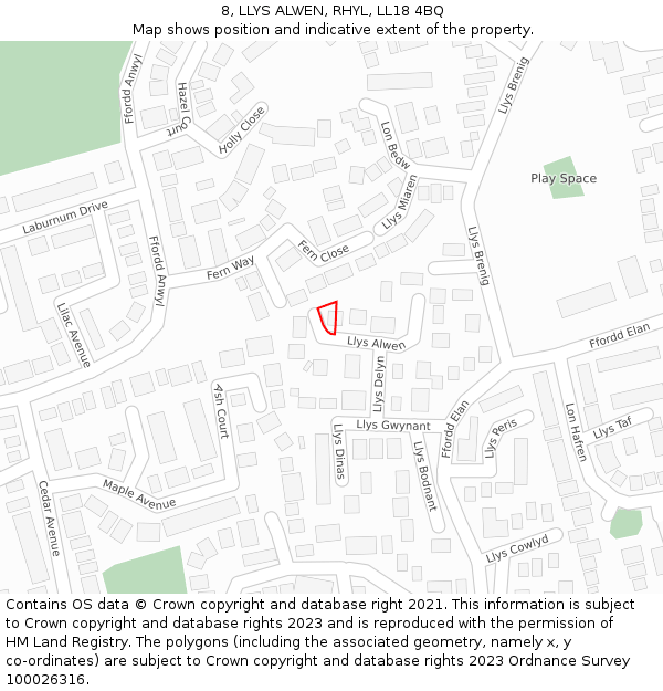 8, LLYS ALWEN, RHYL, LL18 4BQ: Location map and indicative extent of plot