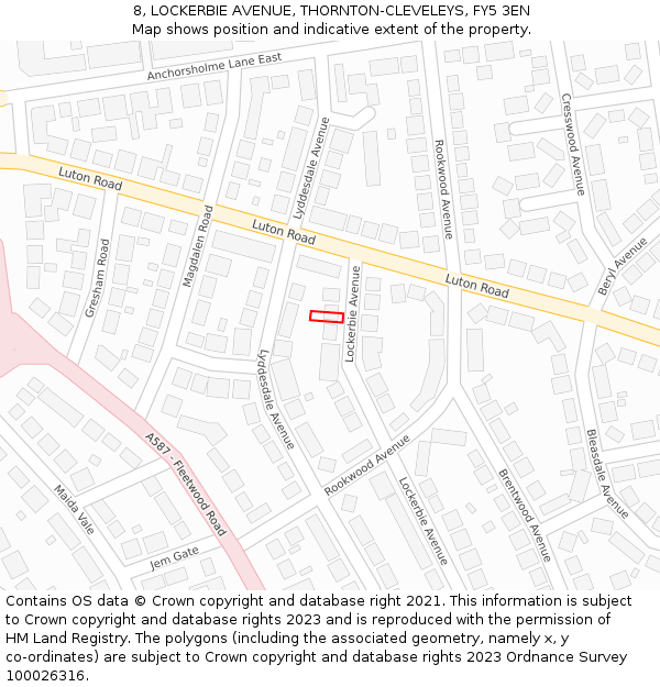 8, LOCKERBIE AVENUE, THORNTON-CLEVELEYS, FY5 3EN: Location map and indicative extent of plot
