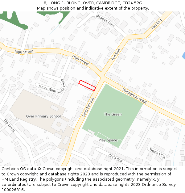 8, LONG FURLONG, OVER, CAMBRIDGE, CB24 5PG: Location map and indicative extent of plot