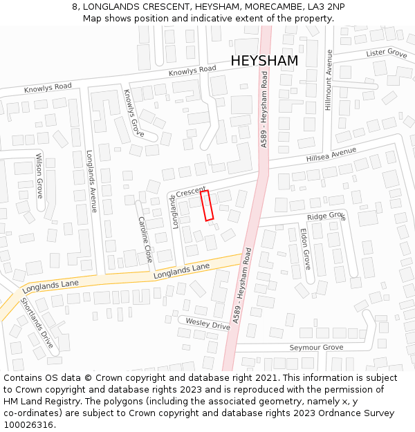 8, LONGLANDS CRESCENT, HEYSHAM, MORECAMBE, LA3 2NP: Location map and indicative extent of plot