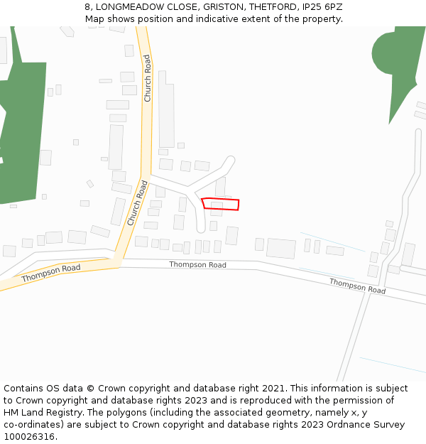 8, LONGMEADOW CLOSE, GRISTON, THETFORD, IP25 6PZ: Location map and indicative extent of plot